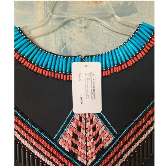 Karina Grimaldi Black/Turquoise/Coral Southwest Beaded Top - Small - Picture 5 of 5